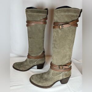 Frye Jane Strappy Harness Tall Boots – Fatigue Suede – Brown Leather – Size 7B